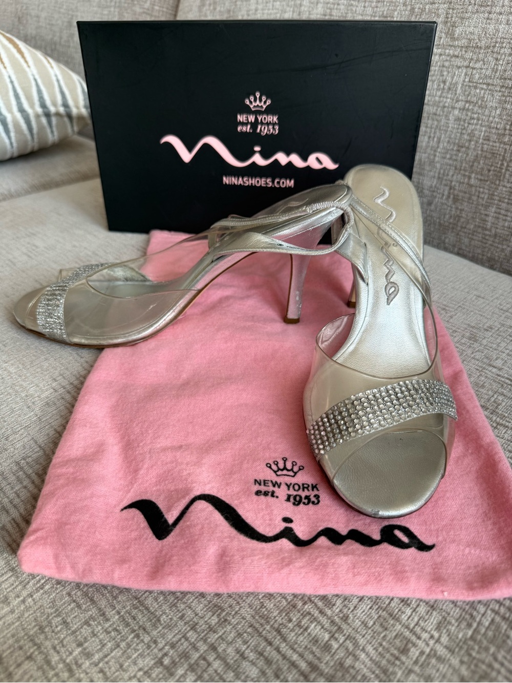 Nina Silver Rhinestone Open-Toe Heels